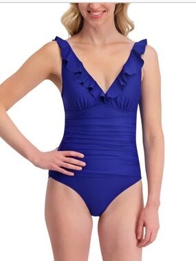 NWT DKNY Cobalt Blue Ruffle V-Neck One-Piece Swimsuit